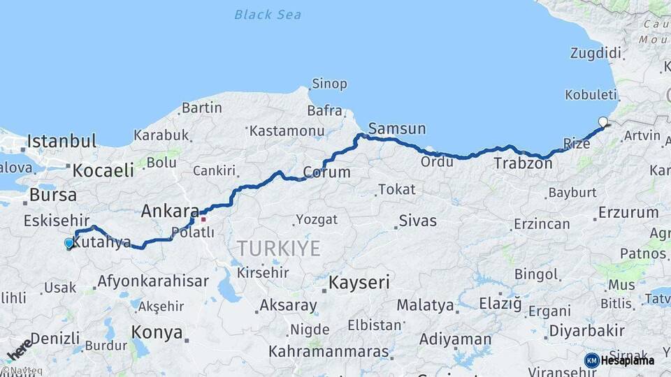 Kütahya Hopa Artvin Arası Kaç Km - Yol Haritası
