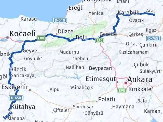 Kütahya İhsangazi Kastamonu Arası Kaç Km - Yol Haritası