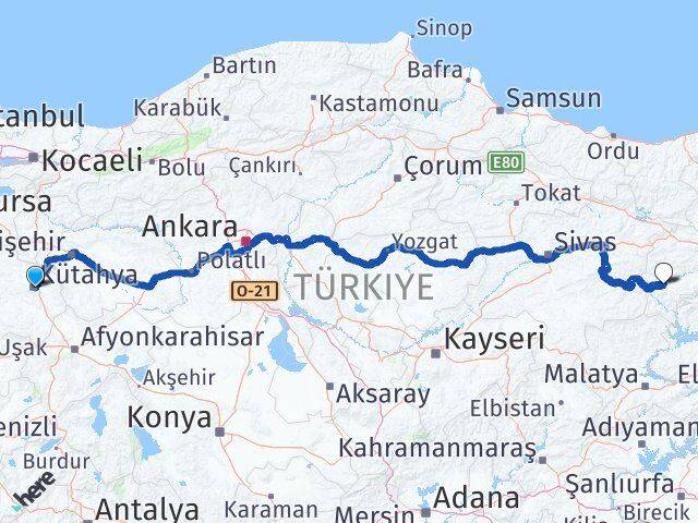 Kütahya İliç Erzincan Arası Kaç Km - Yol Haritası