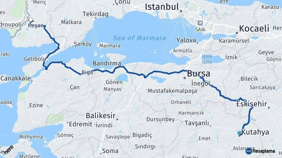 Kütahya İpsala Edirne Arası Kaç Km - Yol Haritası