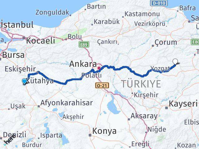 Kütahya Kadışehri Yozgat Arası Kaç Km - Yol Haritası