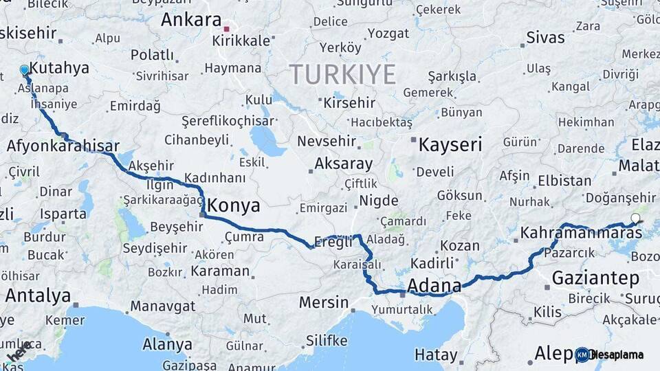 Kütahya Kahta Adıyaman Arası Kaç Km - Yol Haritası