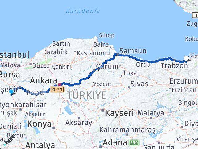 Kütahya Kalkandere Rize Arası Kaç Km - Yol Haritası