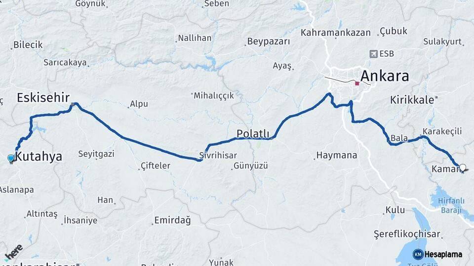 Kütahya Kaman Kırşehir Arası Kaç Km - Yol Haritası