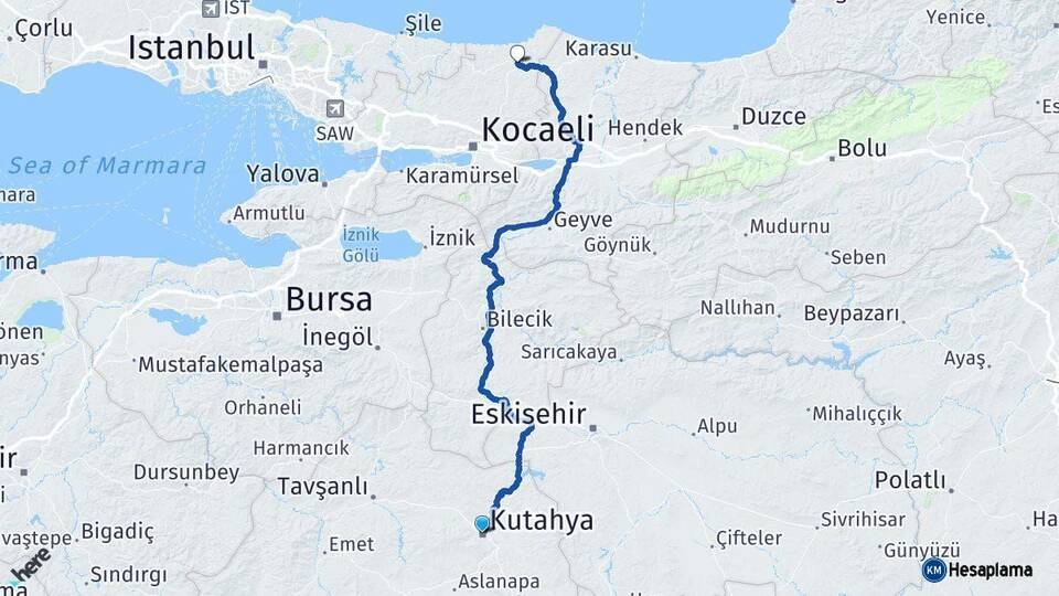 Kütahya Kandıra Kocaeli Arası Kaç Km - Yol Haritası