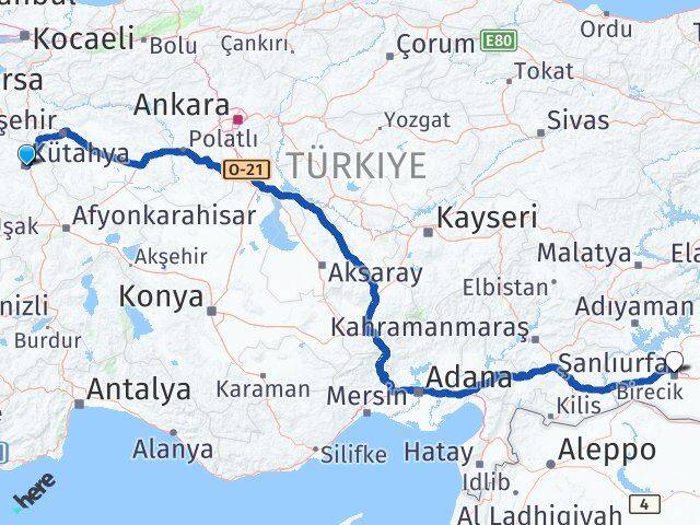 Kütahya Karaköprü Şanlıurfa Arası Kaç Km - Yol Haritası