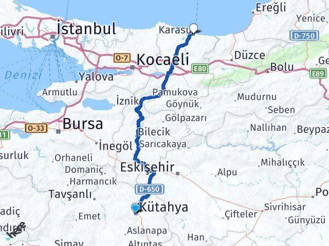 Kütahya Karasu Sakarya Arası Kaç Km - Yol Haritası