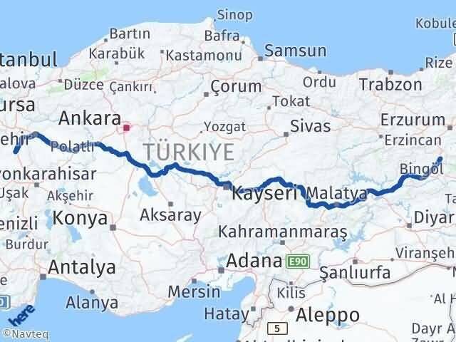 Kütahya Karlıova Bingöl Arası Kaç Km - Yol Haritası