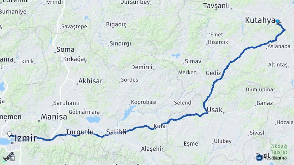 Kütahya Karşıyaka İzmir Arası Kaç Km - Yol Haritası