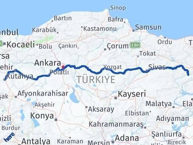 Kütahya Kemah Erzincan Arası Kaç Km - Yol Haritası