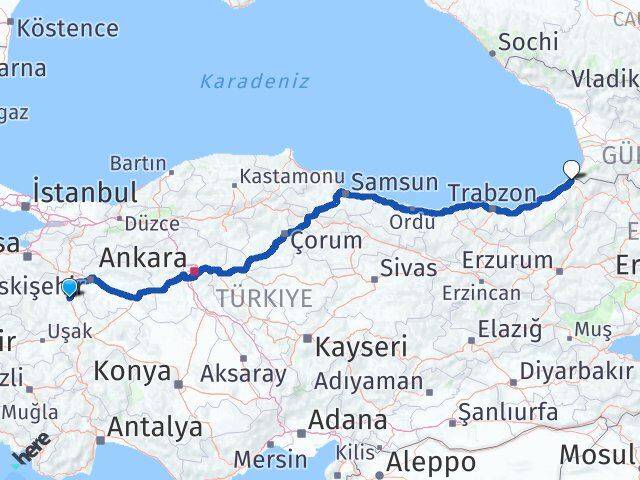 Kütahya Kemalpaşa Artvin Arası Kaç Km - Yol Haritası