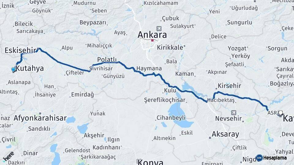 Kütahya Kocasinan Kayseri Arası Kaç Km - Yol Haritası