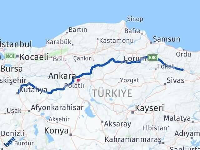 Kütahya Koyulhisar Sivas Arası Kaç Km - Yol Haritası