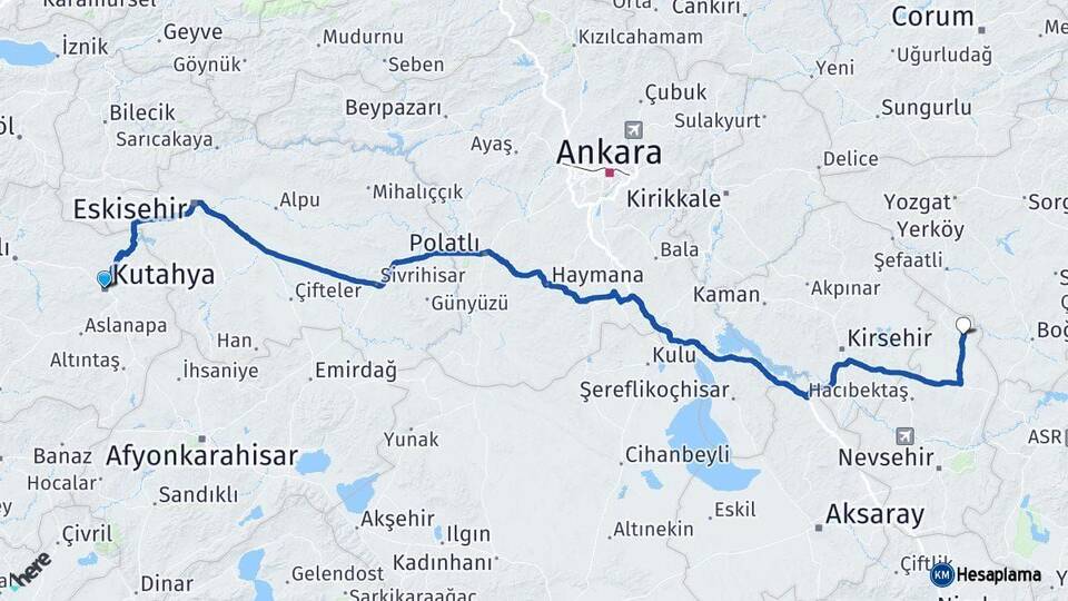 Kütahya Kozaklı Nevşehir Arası Kaç Km - Yol Haritası