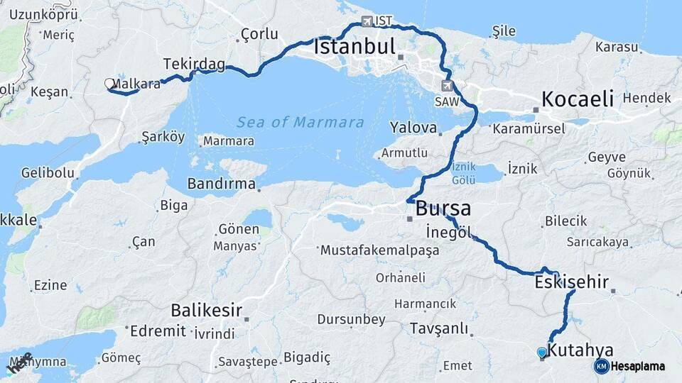 Kütahya Malkara Tekirdağ Arası Kaç Km - Yol Haritası
