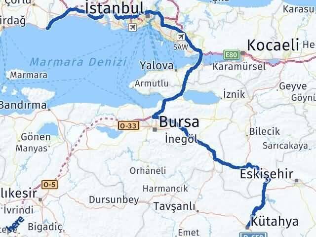 Kütahya Marmaraereğlisi Tekirdağ Arası Kaç Km - Yol Haritası