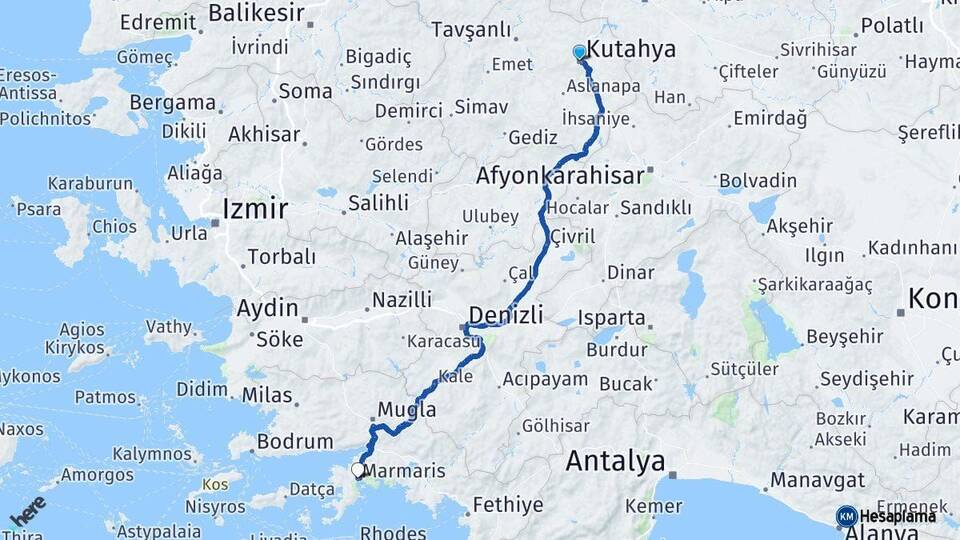 Kütahya Marmaris Muğla Arası Kaç Km - Yol Haritası