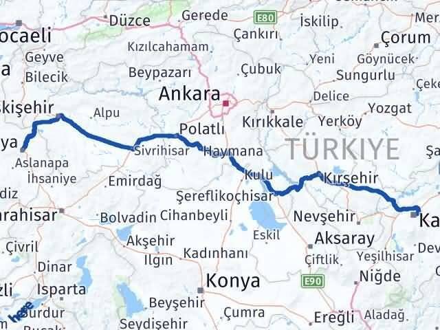 Kütahya Melikgazi Kayseri Arası Kaç Km - Yol Haritası