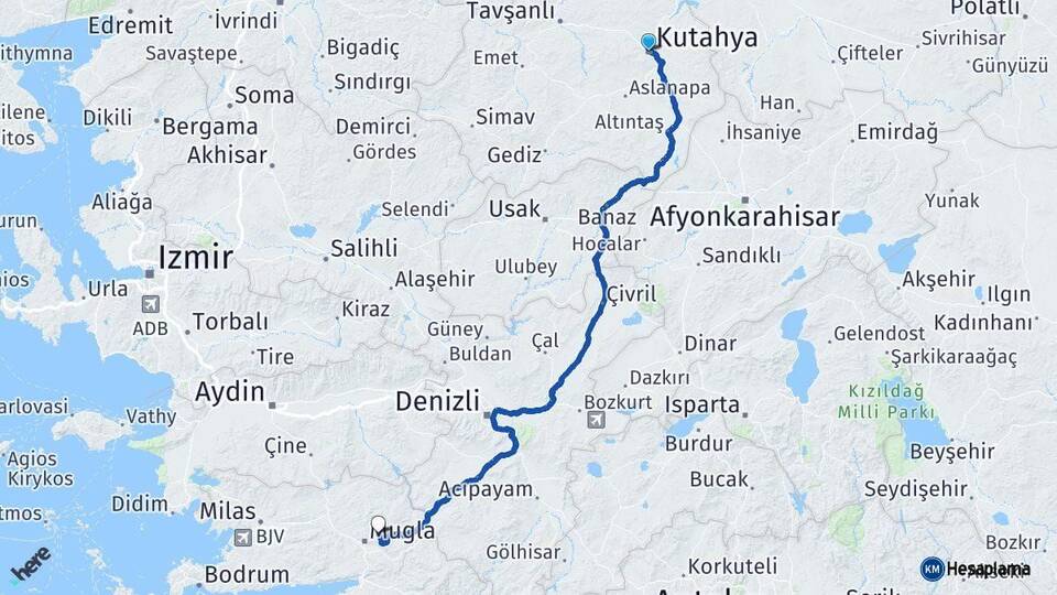 Kütahya Menteşe Muğla Arası Kaç Km - Yol Haritası