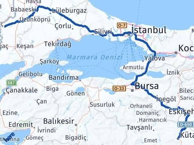 Kütahya Meriç Edirne Arası Kaç Km - Yol Haritası