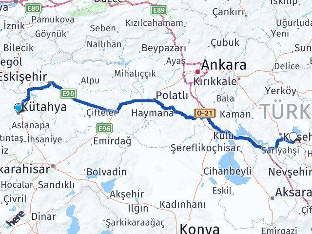 Kütahya Mucur Kırşehir Arası Kaç Km - Yol Haritası