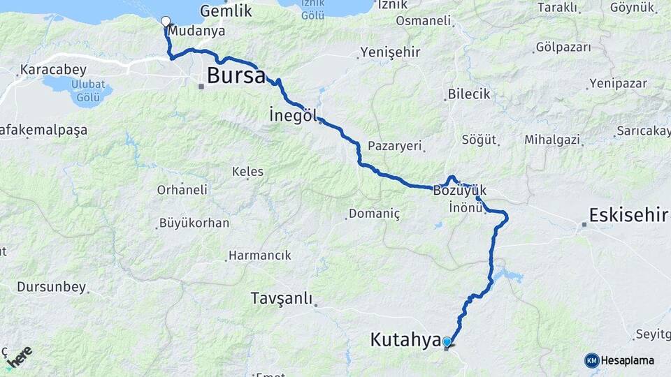 Kütahya Mudanya Bursa Arası Kaç Km - Yol Haritası