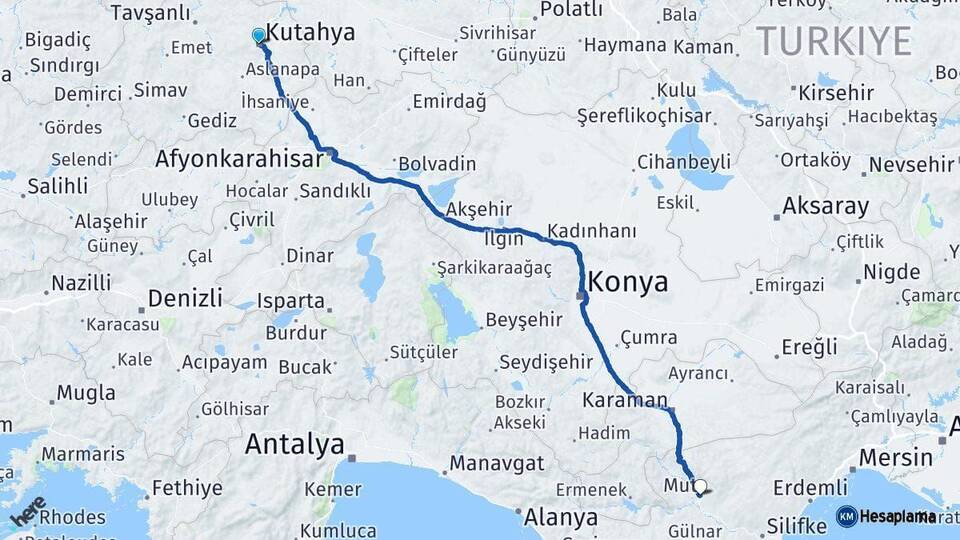 Kütahya Mut Mersin Arası Kaç Km - Yol Haritası