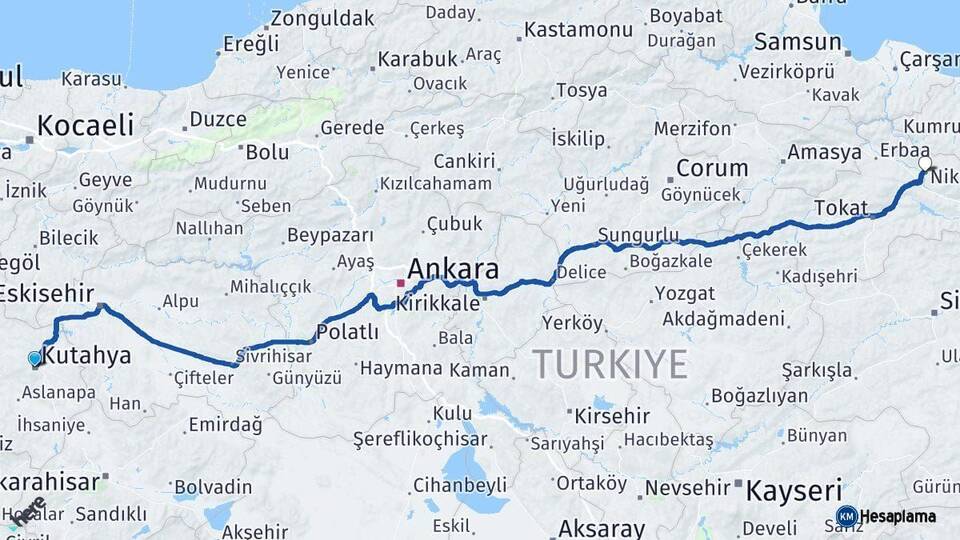 Kütahya Niksar Tokat Arası Kaç Km - Yol Haritası