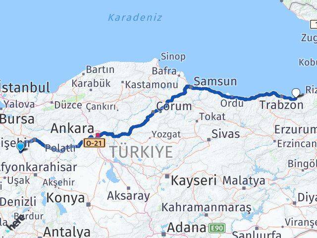 Kütahya Of Trabzon Arası Kaç Km - Yol Haritası
