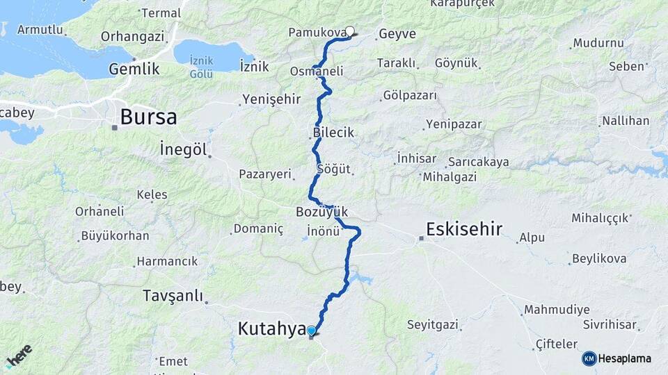 Kütahya Pamukova Sakarya Arası Kaç Km - Yol Haritası