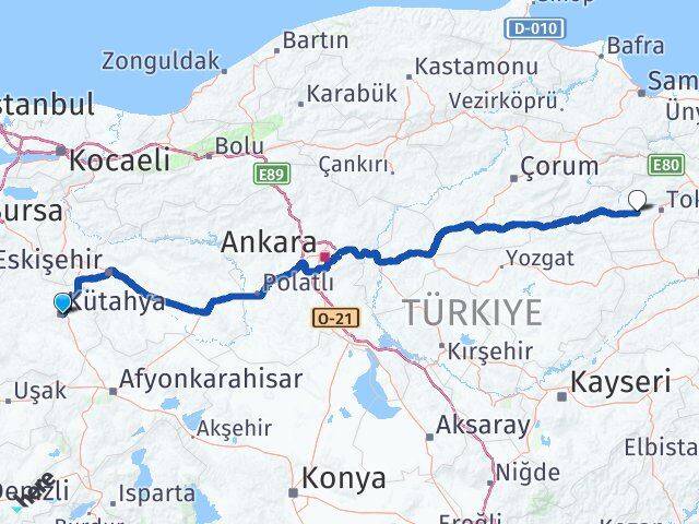 Kütahya Pazar Tokat Arası Kaç Km - Yol Haritası