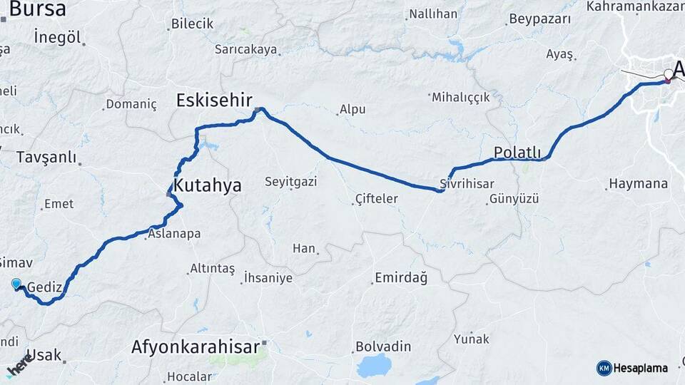 Kütahya Pazarlar Ankara Arası Kaç Km - Yol Haritası