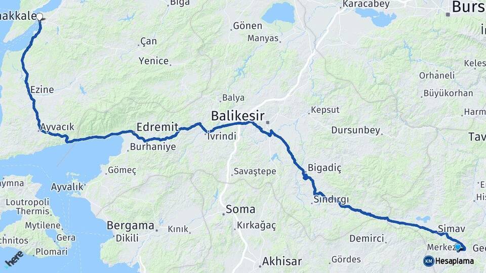 Kütahya Pazarlar Çanakkale Arası Kaç Km - Yol Haritası