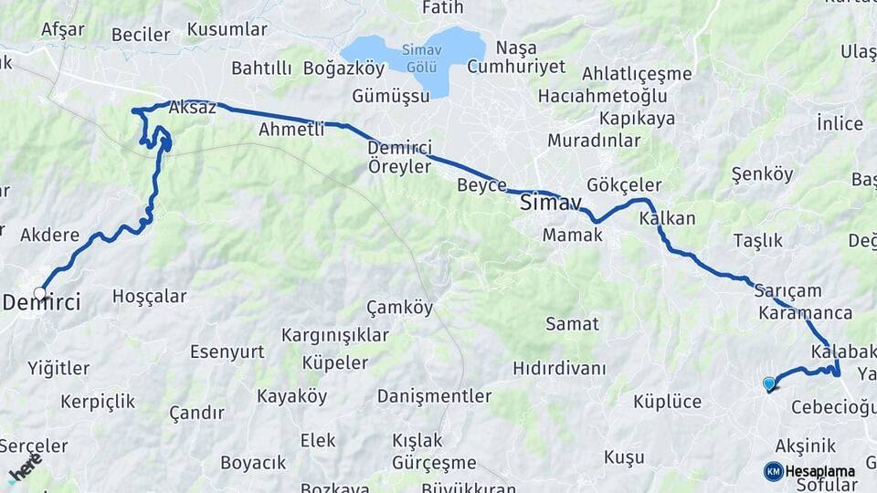 Kütahya Pazarlar Demirci Manisa Arası Kaç Km - Yol Haritası