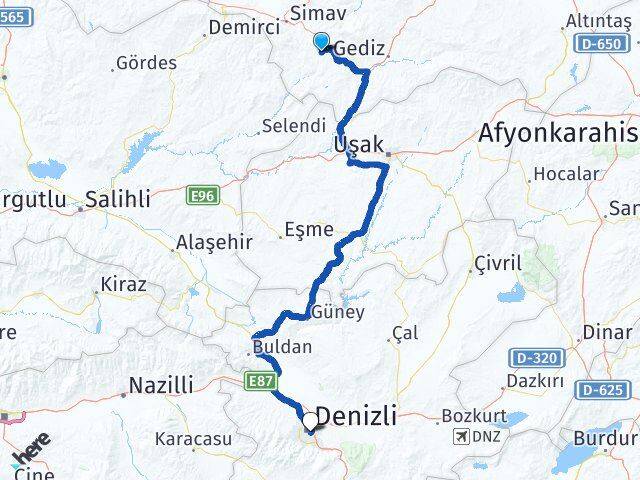 Kütahya Pazarlar Denizli Arası Kaç Km - Yol Haritası