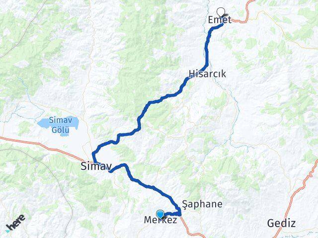 Kütahya Pazarlar Emet Arası Kaç Km - Yol Haritası