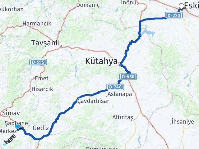 Kütahya Pazarlar Eskişehir Arası Kaç Km - Yol Haritası
