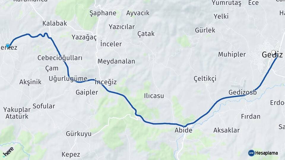 Kütahya Pazarlar Gediz Arası Kaç Km - Yol Haritası