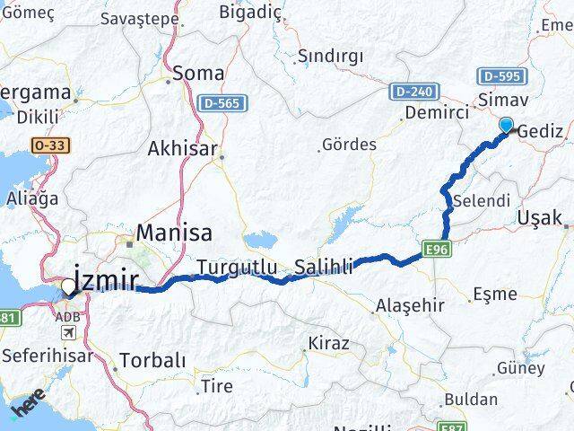 Kütahya Pazarlar İzmir Arası Kaç Km - Yol Haritası