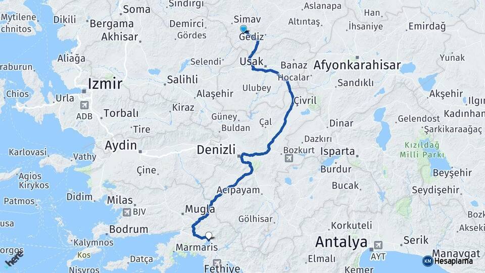 Kütahya Pazarlar Köyceğiz Muğla Arası Kaç Km - Yol Haritası