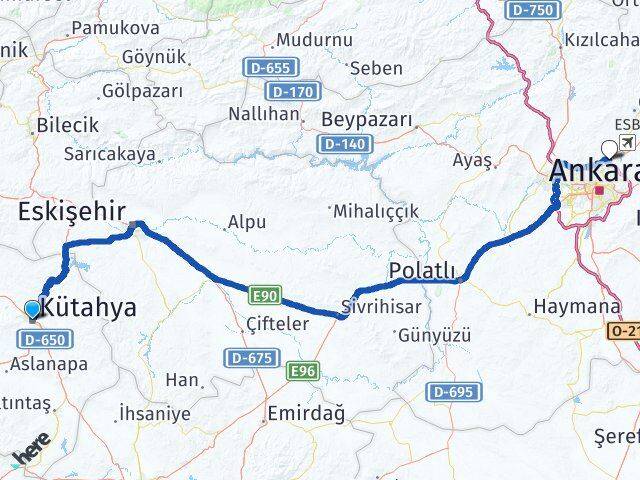 Kütahya Pursaklar Ankara Arası Kaç Km - Yol Haritası