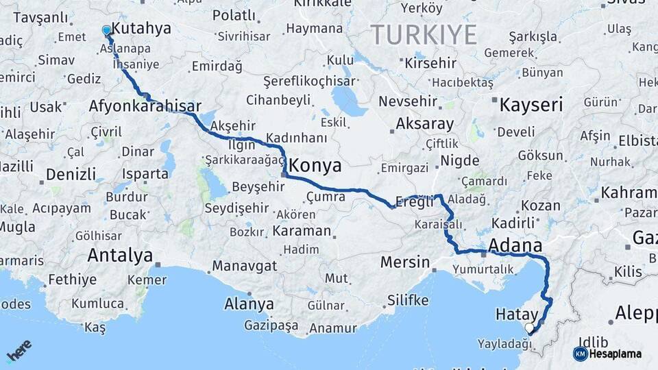 Kütahya Samandağ Hatay Arası Kaç Km - Yol Haritası