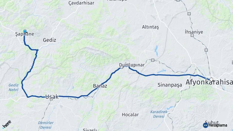 Kütahya Şaphane Afyonkarahisar Arası Kaç Km - Yol Haritası