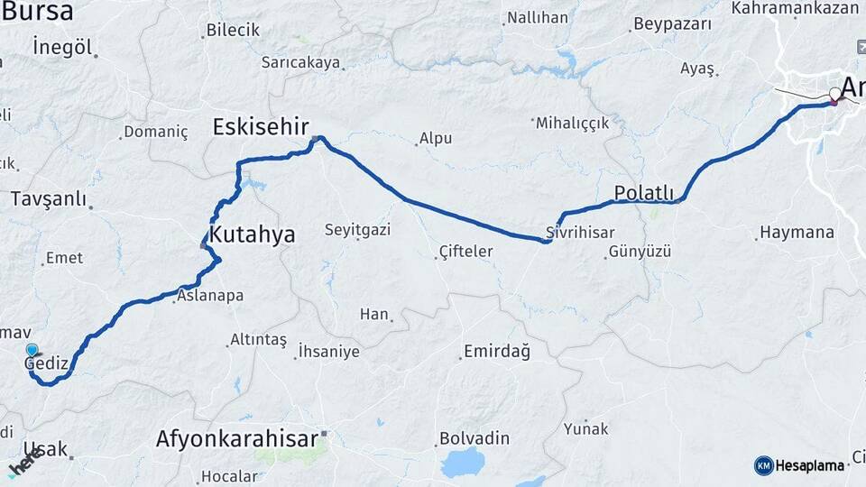 Kütahya Şaphane Ankara Arası Kaç Km - Yol Haritası
