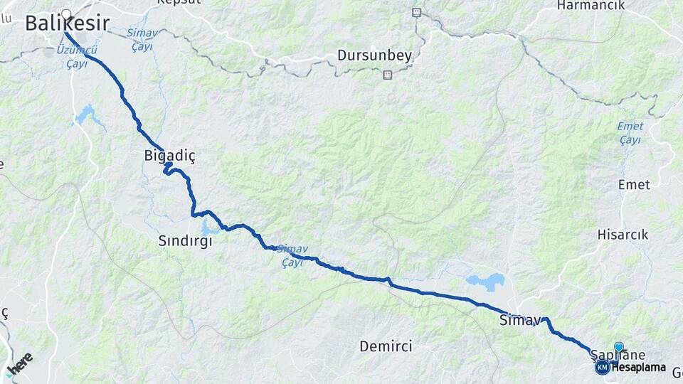 Kütahya Şaphane Balıkesir Arası Kaç Km - Yol Haritası