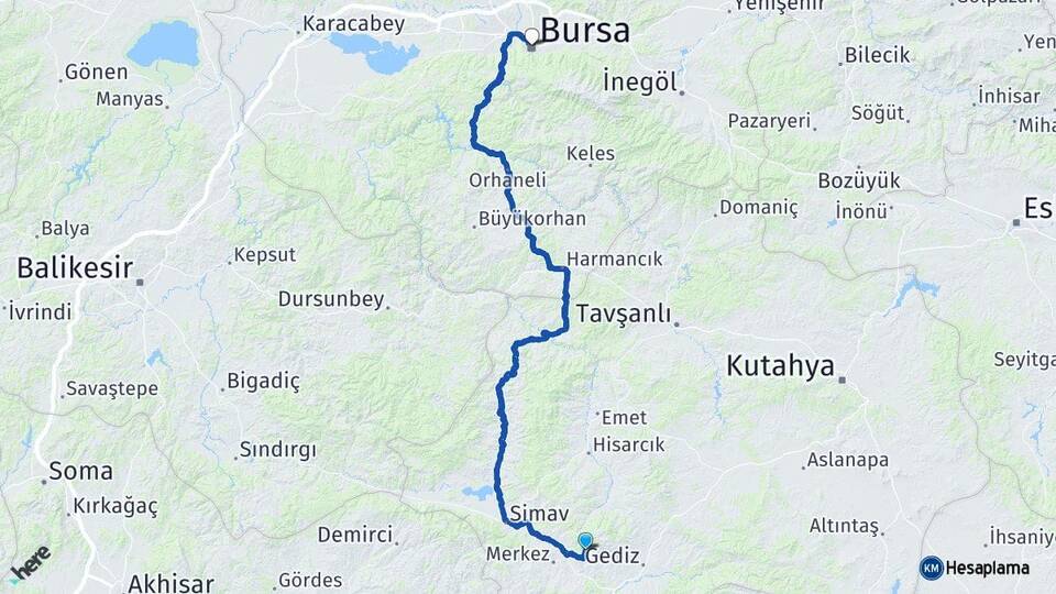 Kütahya Şaphane Bursa Arası Kaç Km - Yol Haritası