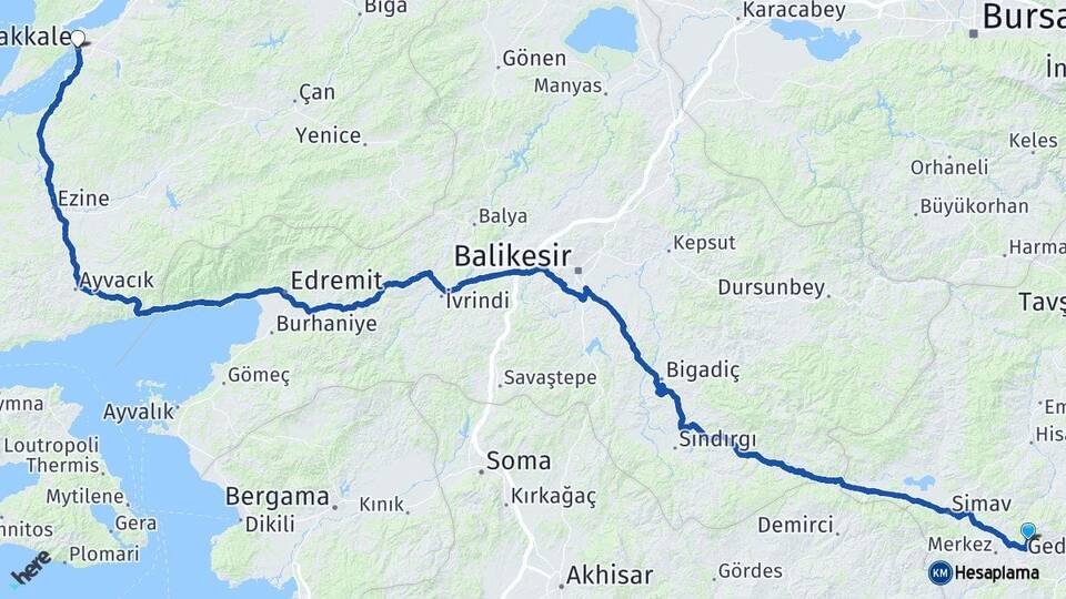 Kütahya Şaphane Çanakkale Arası Kaç Km - Yol Haritası