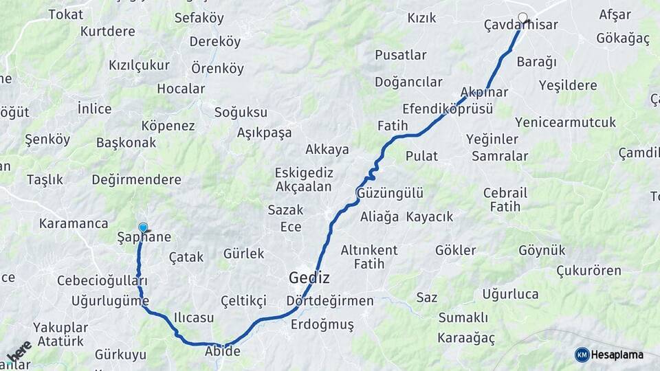 Kütahya Şaphane Çavdarhisar Arası Kaç Km - Yol Haritası