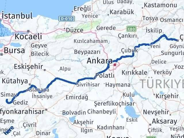 Kütahya Şaphane Çorum Arası Kaç Km - Yol Haritası