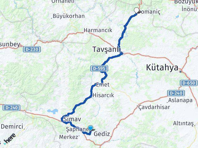 Kütahya Şaphane Domaniç Arası Kaç Km - Yol Haritası
